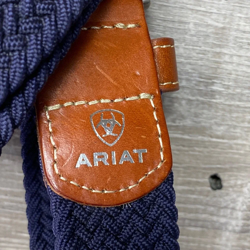 Ariat Belt Braided‎ Stretch Mens Medium Navy Blue Leather Trim Equestrian Casual